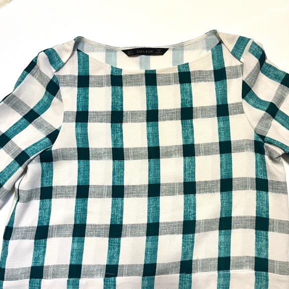 🍭 3/$20 Zara turquoise &white plaid tartan quarter sleeve top with front pockets - Picture 7 of 11
